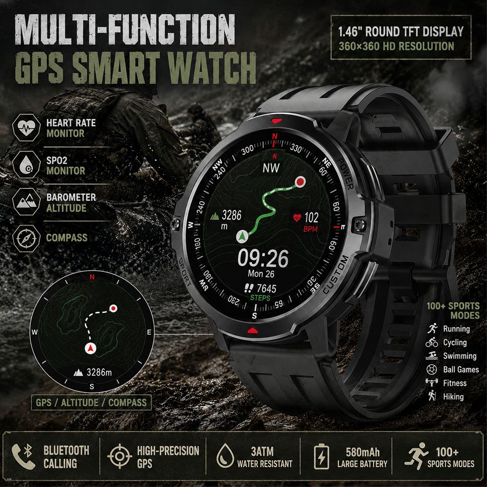 NIEUWE 1.46 Inch Militaire GPS - Smartwatch Timex Watches For Men recensie en prijs